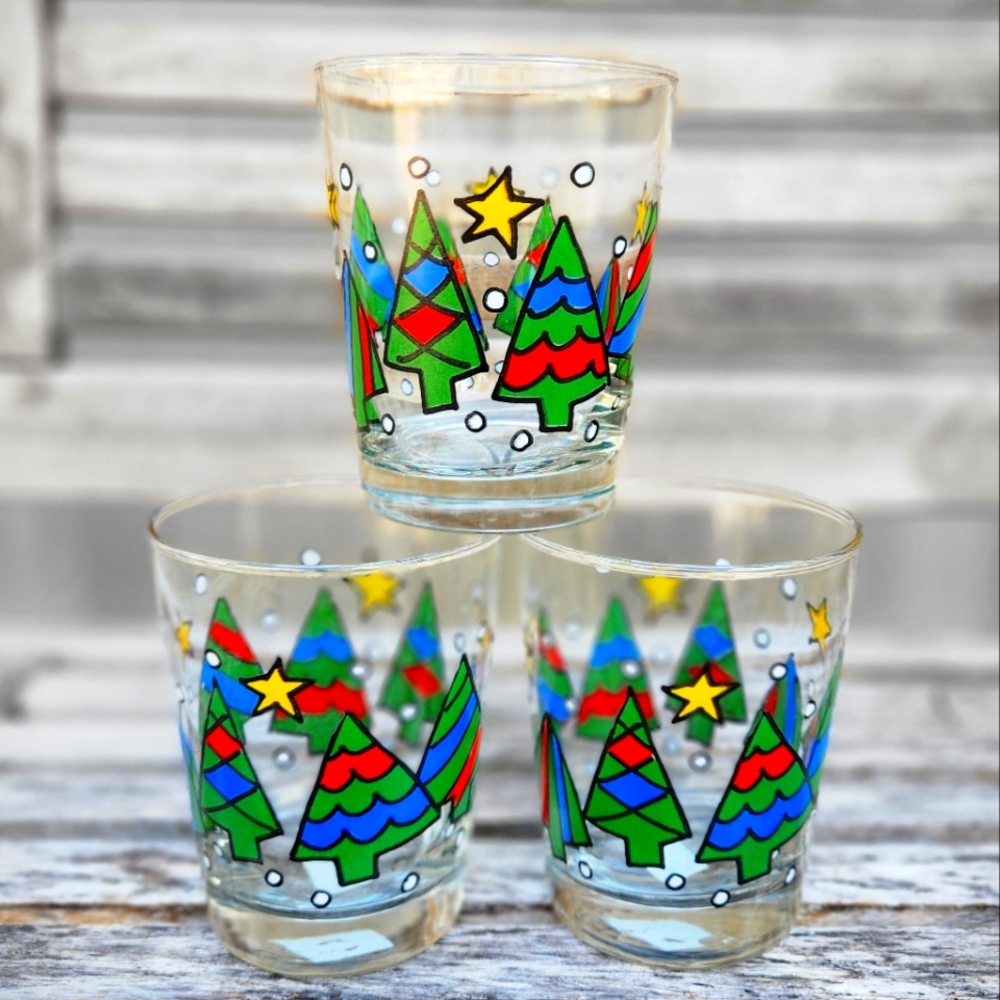 Vintage Christmas Tree Low Ball Old Fashion Set of 3 glasses